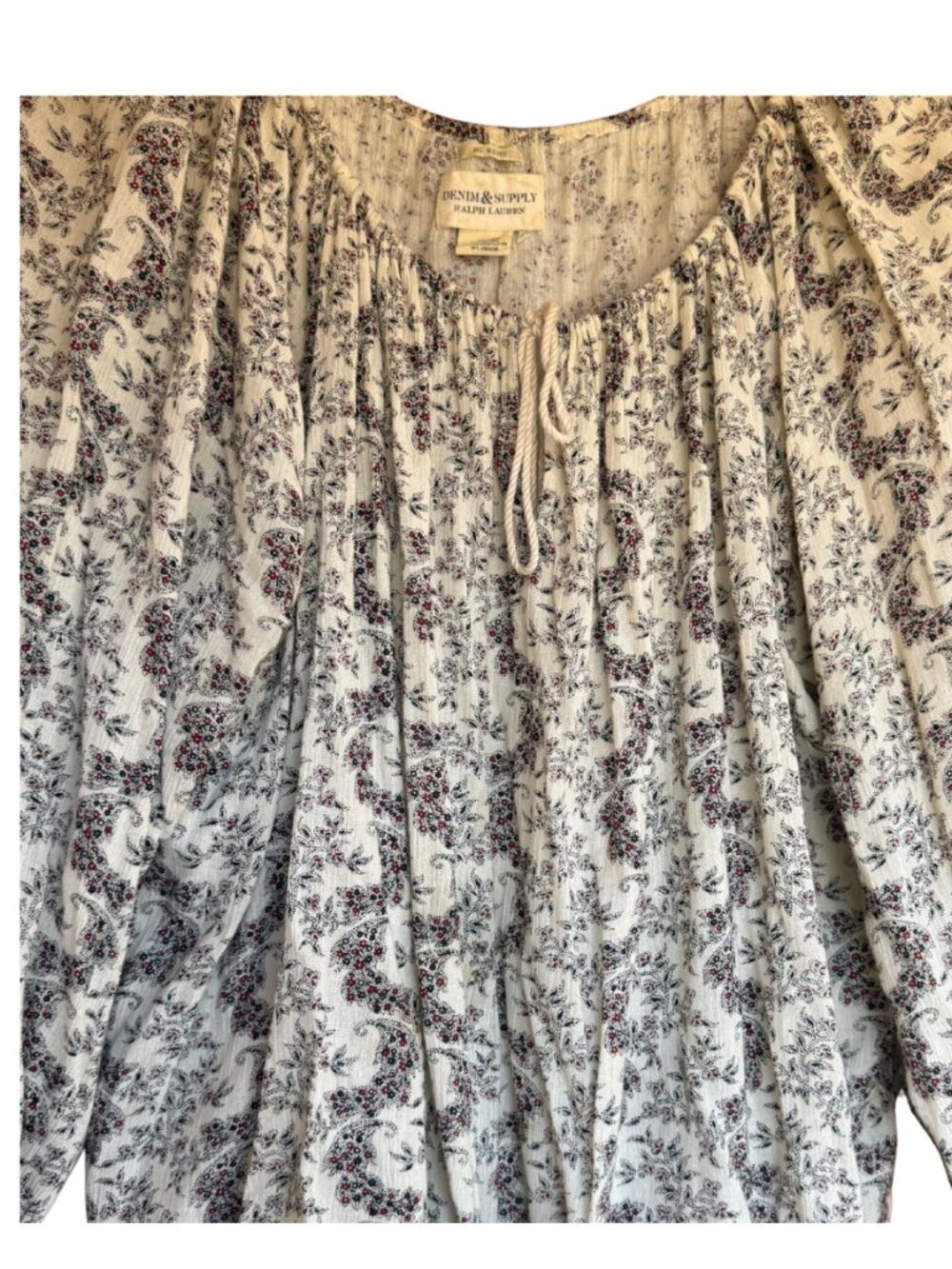 Denim & Supply Ralph Lauren XL Boho Peasant Top Cream Floral Paisley Tie Neck - Picture 5 of 12